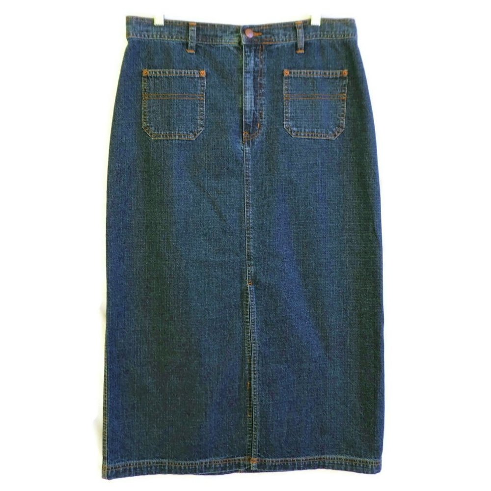 Bill Blass Vintage 70s Denim Jean Long Midi Skirt Slit Pockets Zip Fly Cotton L